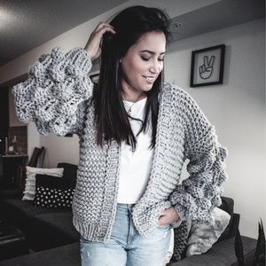 Hand Knitted Pom Pom Sleeve Cardigan